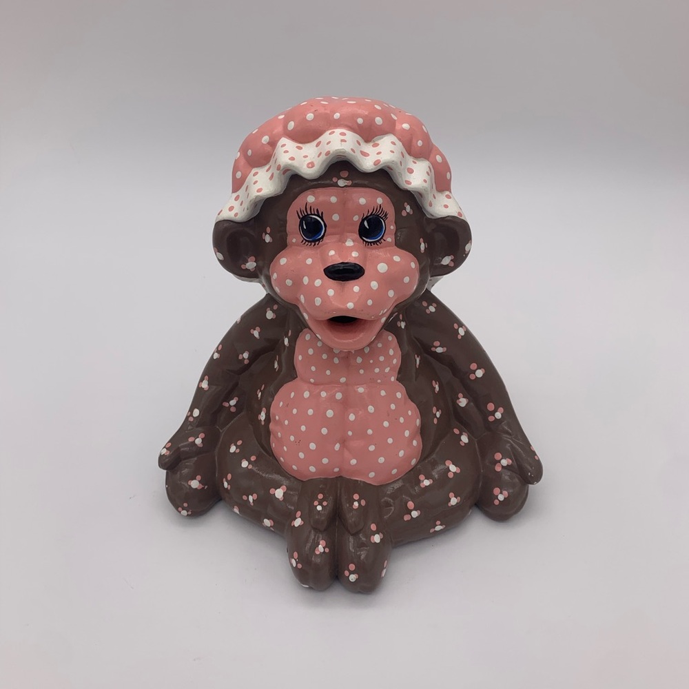 Vintage Decorative 7” Baby Monkey Tabletop Sculpture Pink & White Polka Dotted